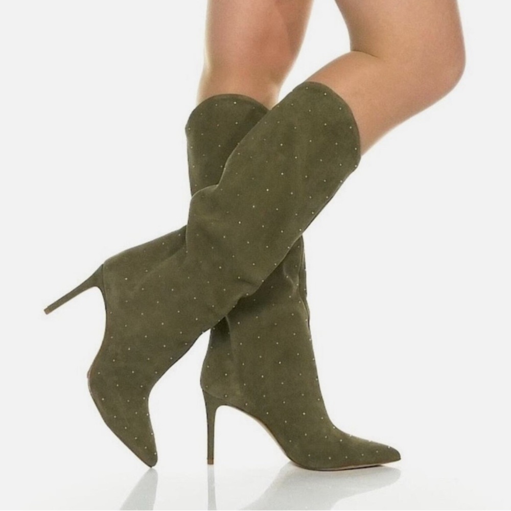 Nib Schutz Suede Aspen Green Maryana Studs Heel Pull On Boots Size 5